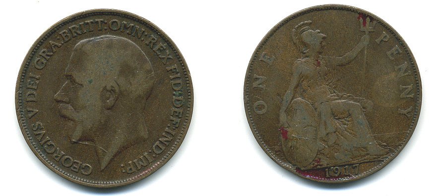 Великобритания 1 пенни 1917 Георг V (1910-1936) КМ 810, Spink 4051 бронза 4110-135