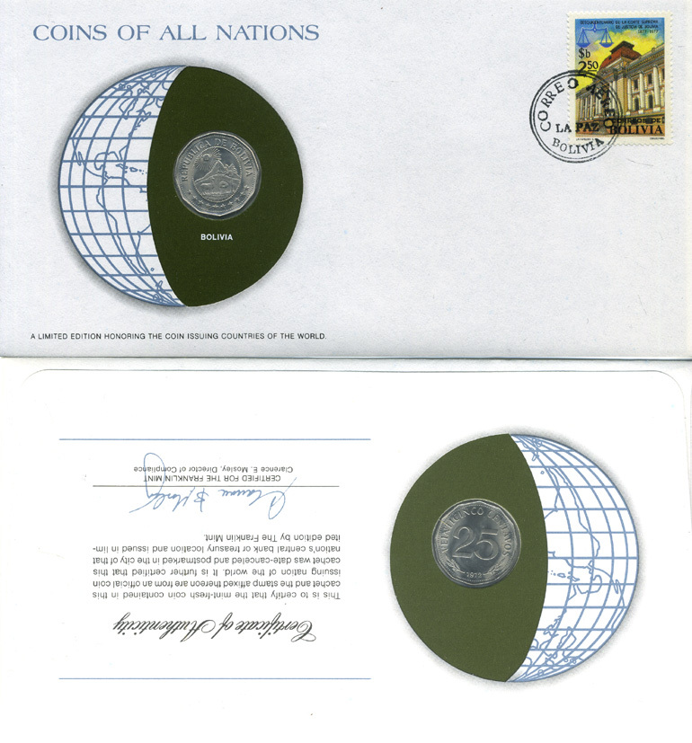 БОЛИВИЯ 25 СЕНТАВО 1972 КОНВЕРТ С МАРКОЙ ПЕРВОГО ДНЯ ГАШЕНИЯ, COINS OF NATIONS KM 193 сталь плакированная никелем UNC 4294-12-1