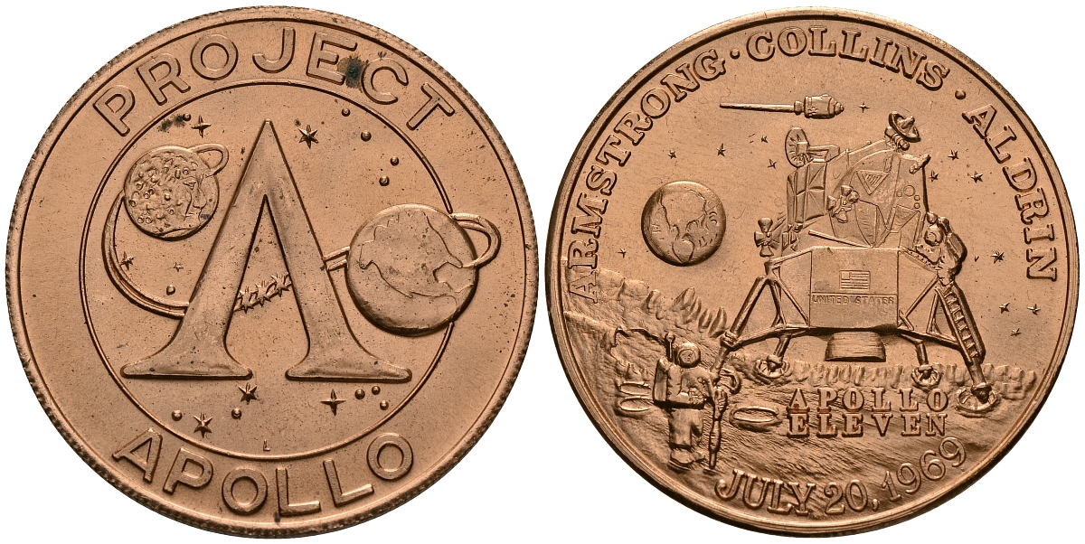 США МЕДАЛЬ ND ПЕРВАЯ ВЫСАДКА НА ЛУНУ, АПОЛЛОН 11, 39 мм, 25,35 гр медь UNC 179-1121