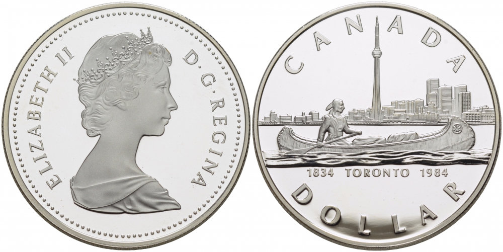 Канада 1 доллар 1984 150 лет Торонто, каноэ KM 140 серебро PROOF 1087-6-23