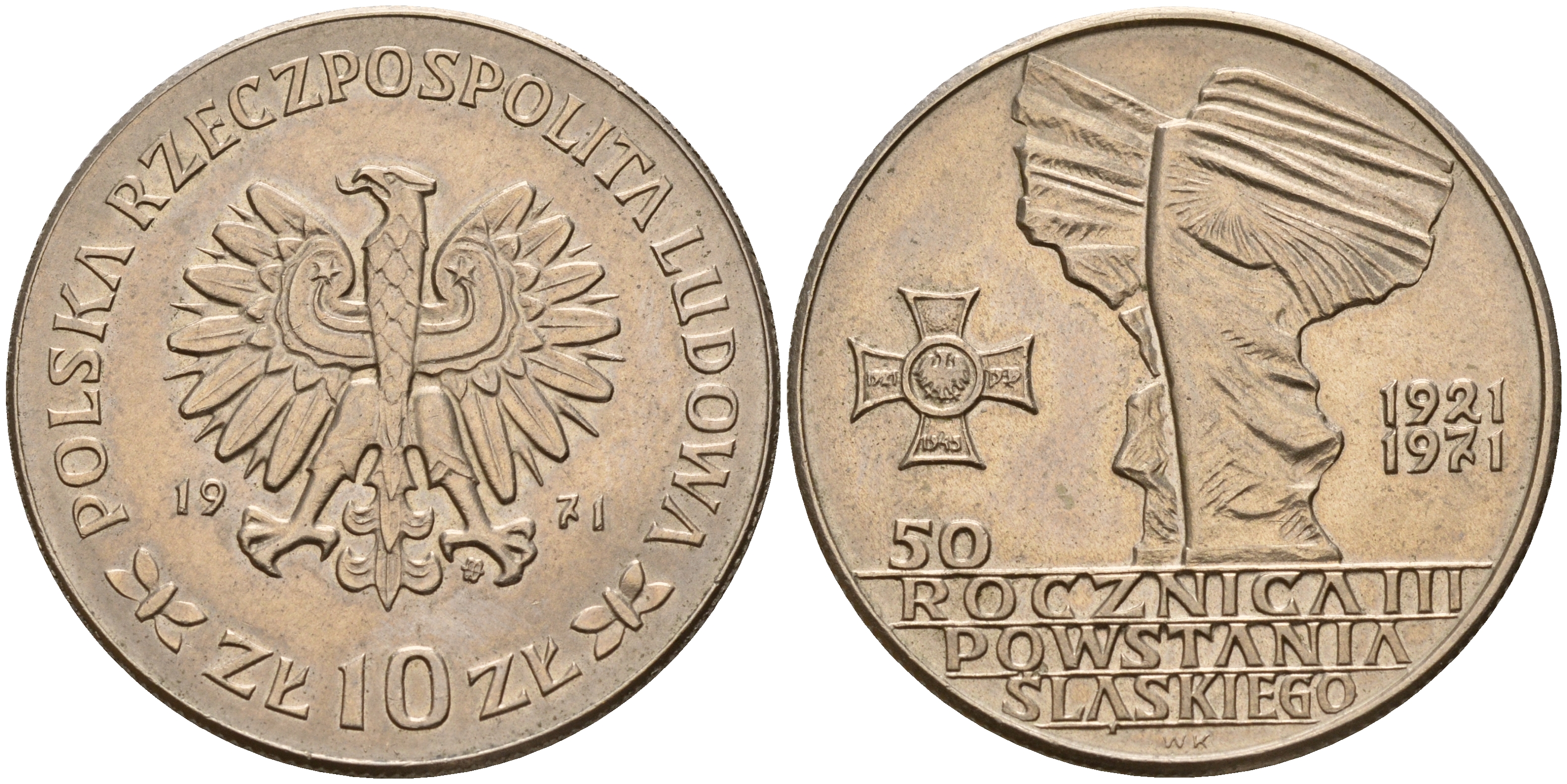 Польша 10 злотых 1971 MW, 50 лет битве за Верхнюю Силезию KM 64 медно-никель  UNC  4161-1123