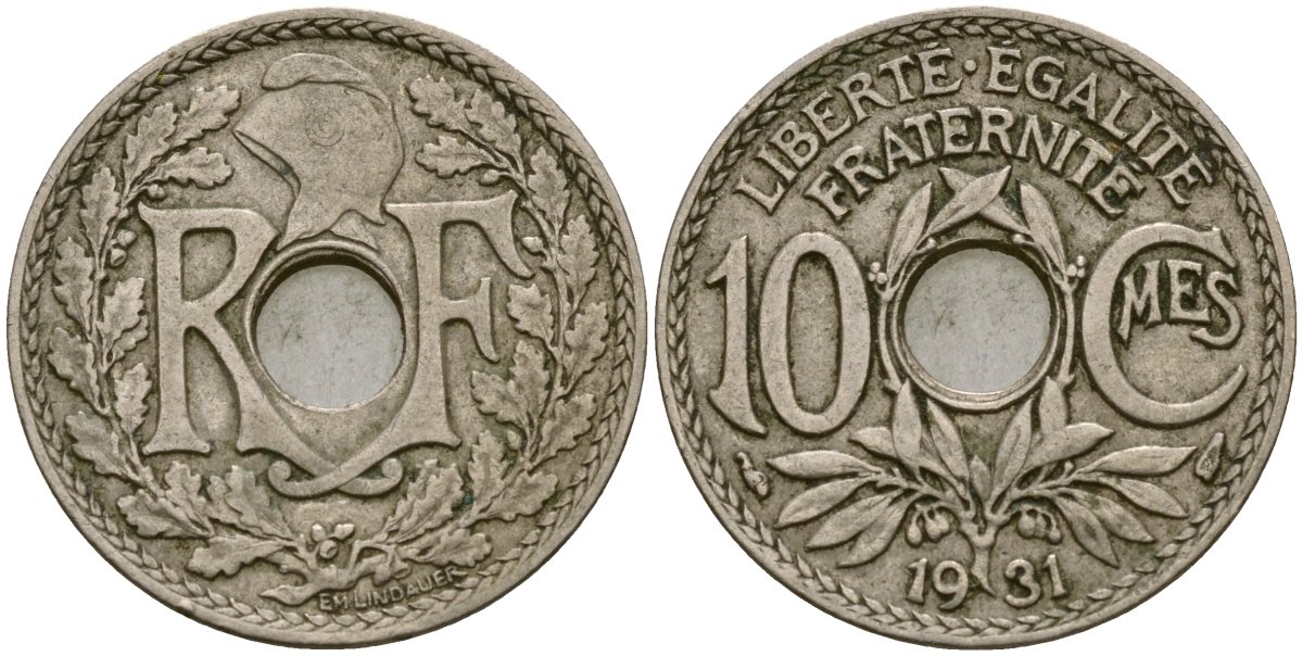 Франция 10 сантимов 1931 KM 866a медно-никель 51-2631