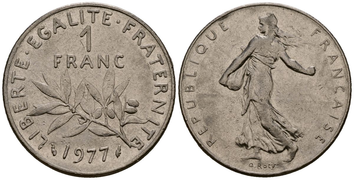 Франция 1 франк 1977 сеятель KM 925.1, Le Franc 226.4 никель 4138-316