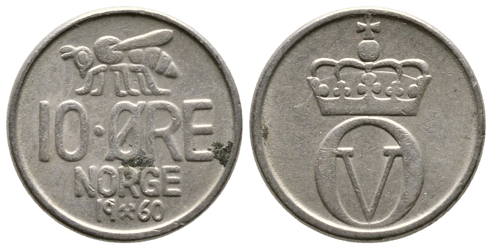 Норвегия 10 эре 1960 пчела, Улаф V (1958-1991) KM 411 медно-никель 220-462