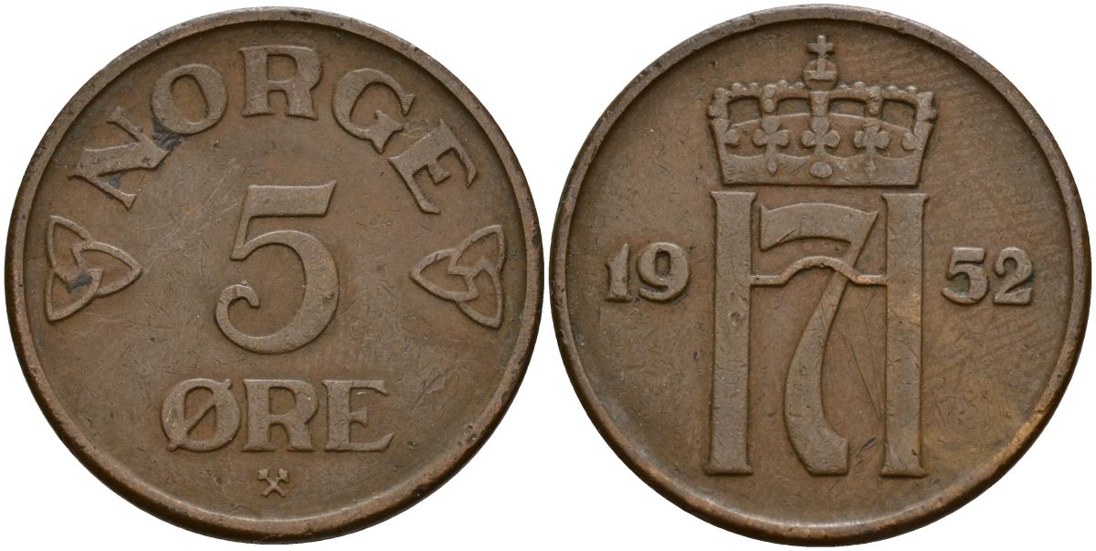 Норвегия 5 эре 1952 Хокон VII (1905-1957) KM 400 бронза 4150-852