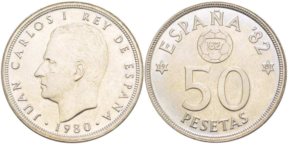 Испания 50 песет 1980 (81) чемпионат мира по футболу в Испании 1982 года, Хуан Карлос I (1975-) KM 819 медно-никель UNC 4517-313