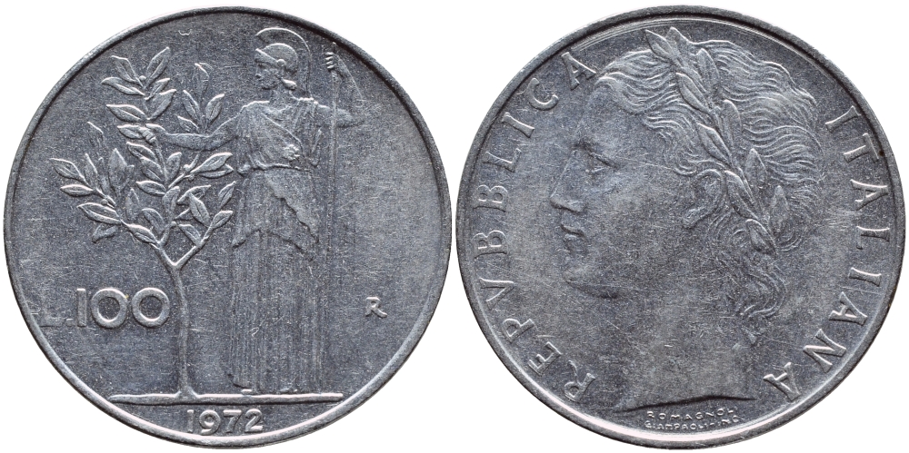 ИТАЛИЯ 100 ЛИР 1972 R, АФИНА KM 96.1 нержавеющая сталь 4394-612