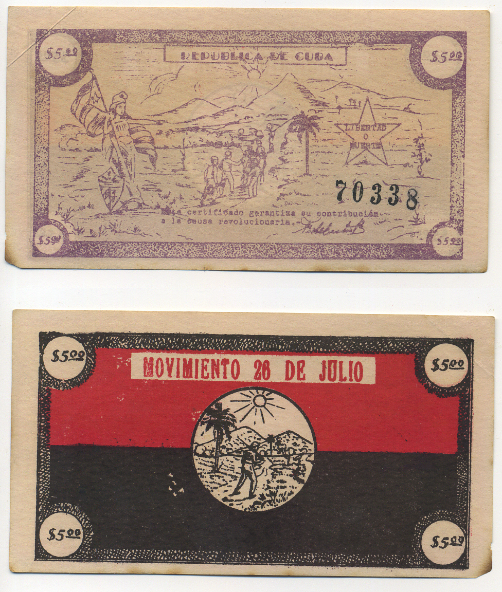 КУБА 5 ПЕСО 1958 НОТГЕЛЬД, ДВИЖЕНИЕ 28 ИЮЛЯ, КУБИНСКАЯ РЕВОЛЮЦИЯ 1958 бумага аUNC 7485-30-1