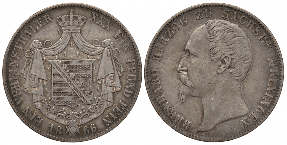 САКСЕН-МАЙНИНГЕН 1 ТАЛЕР 1866 БЕРНХАРД II (1821-1866) KM 167, Jaeger 450, Thun 379, AKS 184, Kahnt 505, Davenport 838 серебро 413-4544