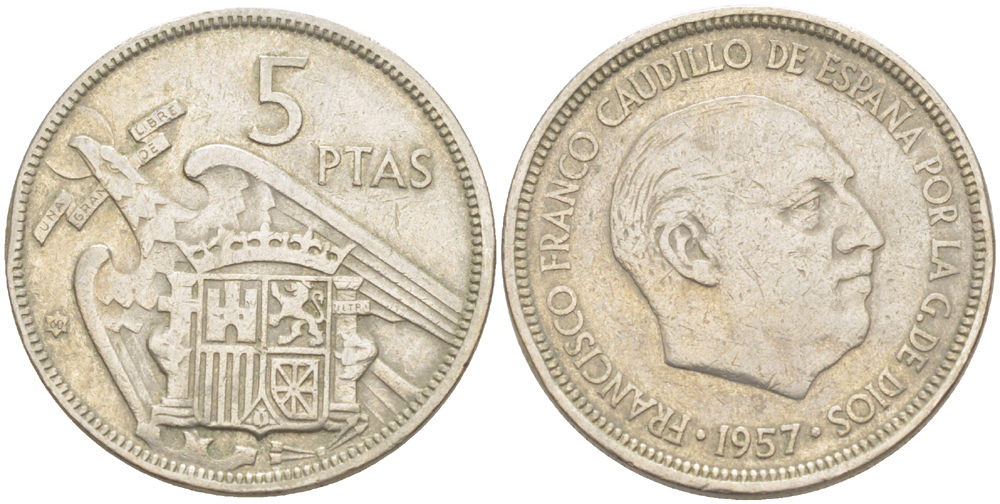 ИСПАНИЯ 5 ПЕСЕТ 1957 (60) ФРАНСИСКО ФРАНКО ДИКТАТОР ИСПАНИИ ( 1939- 1975) KM 786 медно-никель 216-647