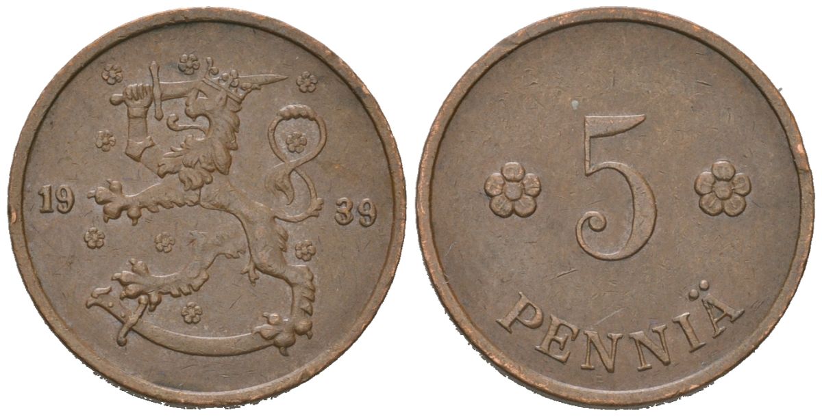 Финляндия 5 пенни 1939 KM 22 медь 4115-357
