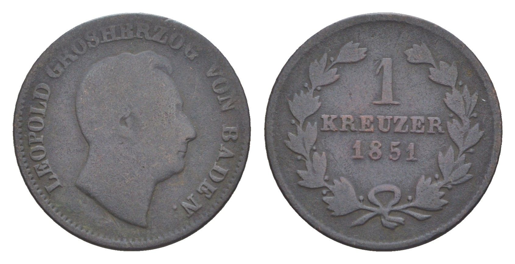 Баден 1 крейцер 1851 Леопольд (1830-1852) KM 218 медь 4639-528