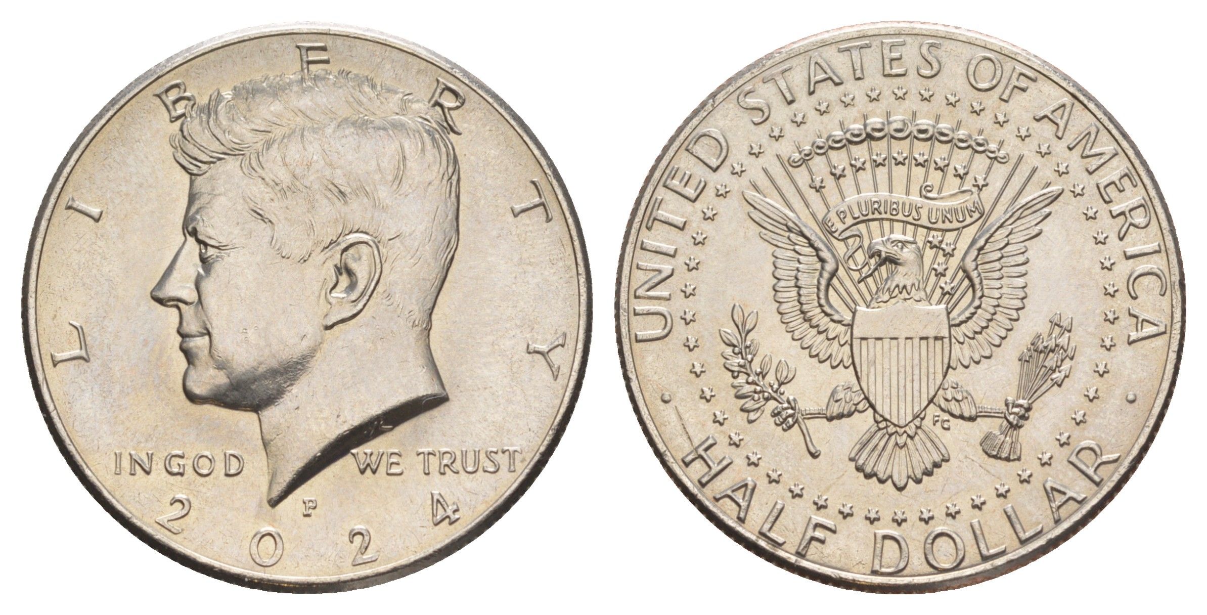 США 1/2 доллара (50 центов) 2024 P, Джон Кеннеди KM A202b медь плакированная медно-никелем UNC 4634-432