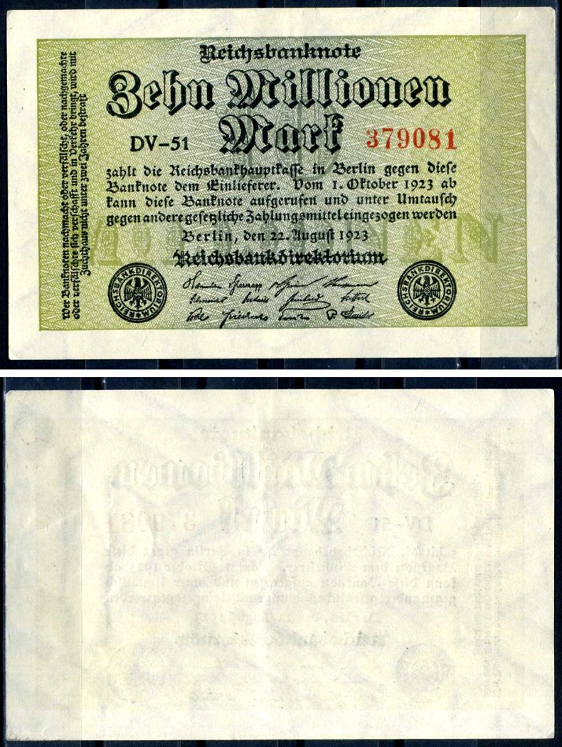 Германия 10000000 марок 1923 22 августа 1923, серия DV Pick 106 a бумага 7552-60-1-2