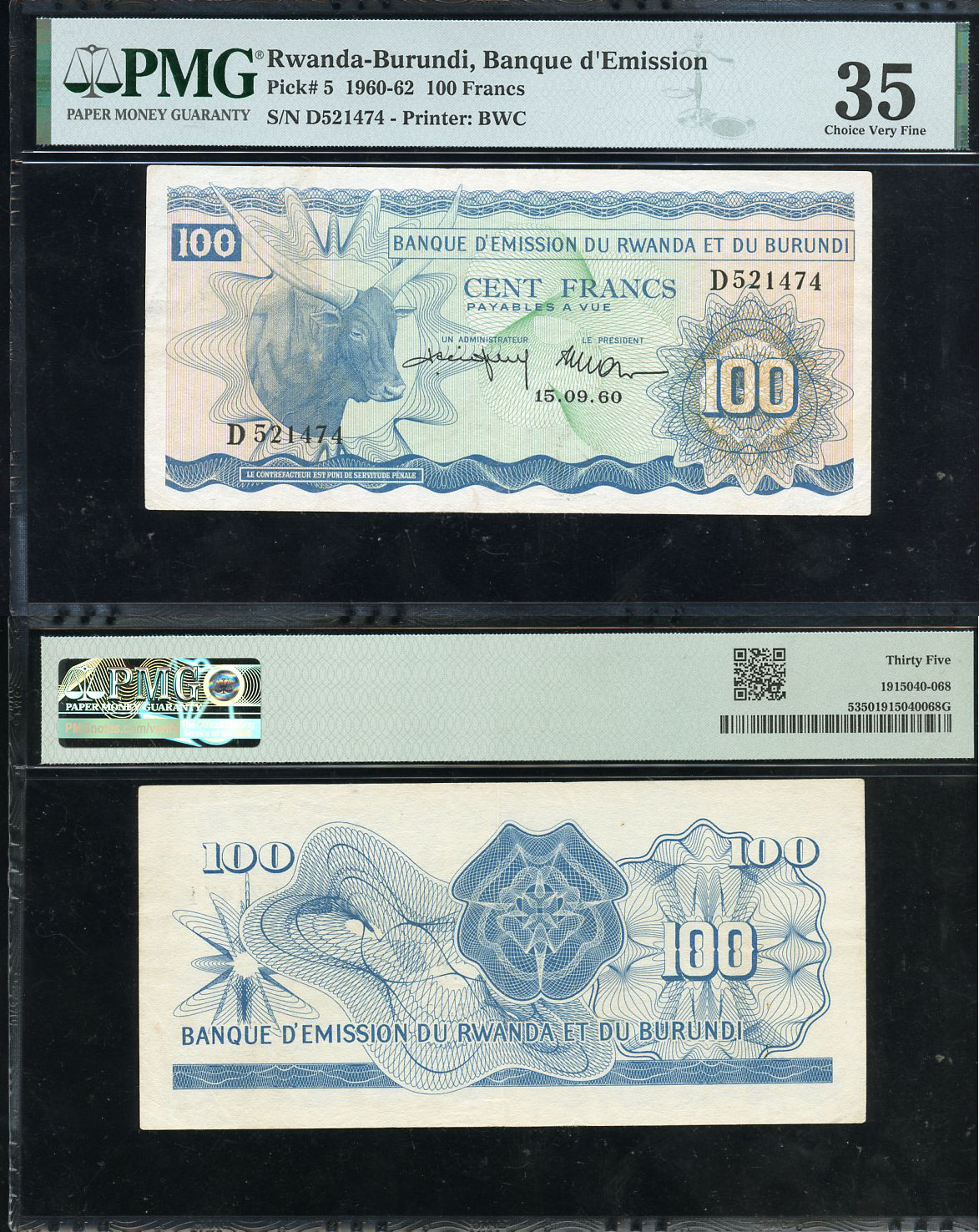 Руанда - Бурунди 100 франков 1960 15 сентября 1960, зебу, серия D, в слабе PCGS 35 Choice Very Fine Pick 5 a  бумага   452-1-124