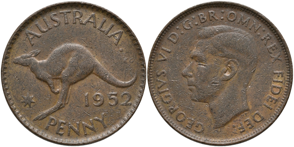 Австралия 1 пенни 1952 m, Георг VI (1937-1952), кенгуру KM 43 бронза 84-1225