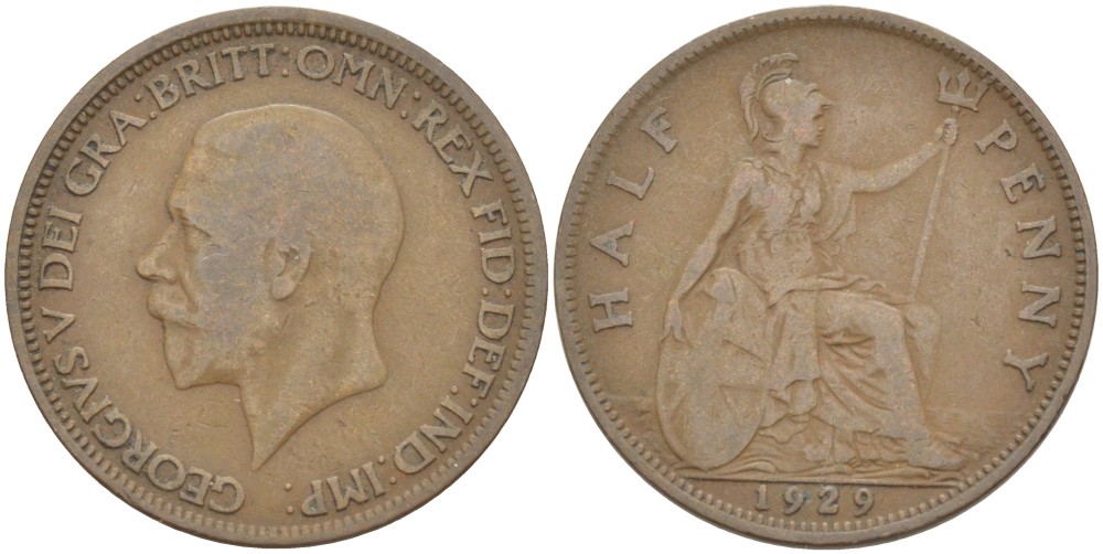 Великобритания 1/2 пенни 1929 Георг V (1910-1936) KM 837, Spink 4058 бронза 4513-631