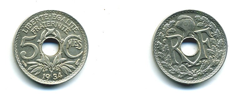 ФРАНЦИЯ 5 САНТИМОВ 1934 ТИП ЛИНДАЙЁ KM 875 медно-никель UNC 23-854
