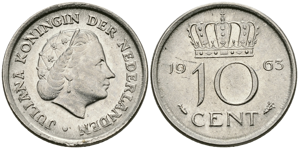 НИДЕРЛАНДЫ 10 ЦЕНТОВ 1963 ЮЛИАНА KM 182 никель 96-457