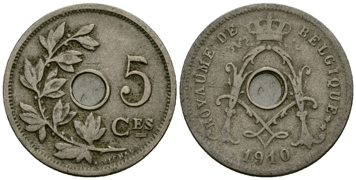 Бельгия 5 сантимов 1910 Belgique, Альберт I (1909-1934) KM 66 медно-никель 4173-435