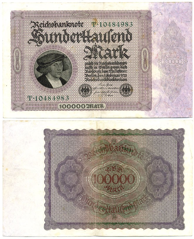 ГЕРМАНИЯ 100000 МАРОК 1923 1 ФЕВРАЛЯ 1923, БЕЗ Т ПОД ПОРТРЕТОМ Pick 83a бумага VF 7146-42-1-1