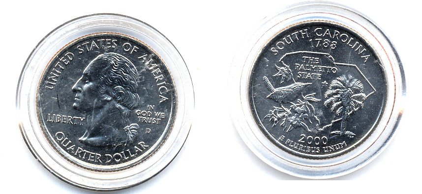 США 25 центов = квотер 2000 D, серия штаты США, Южная Каролина KM 307 медь плакированная медно-никелем UNC 61-641