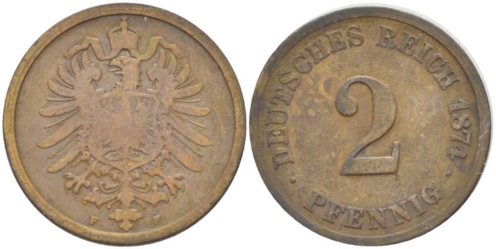 ГЕРМАНИЯ 2 ПФЕННИГА 1874 F, СТАРОГЕРБОВКА KM 2, J. 2, Weege 3 медь 212-451