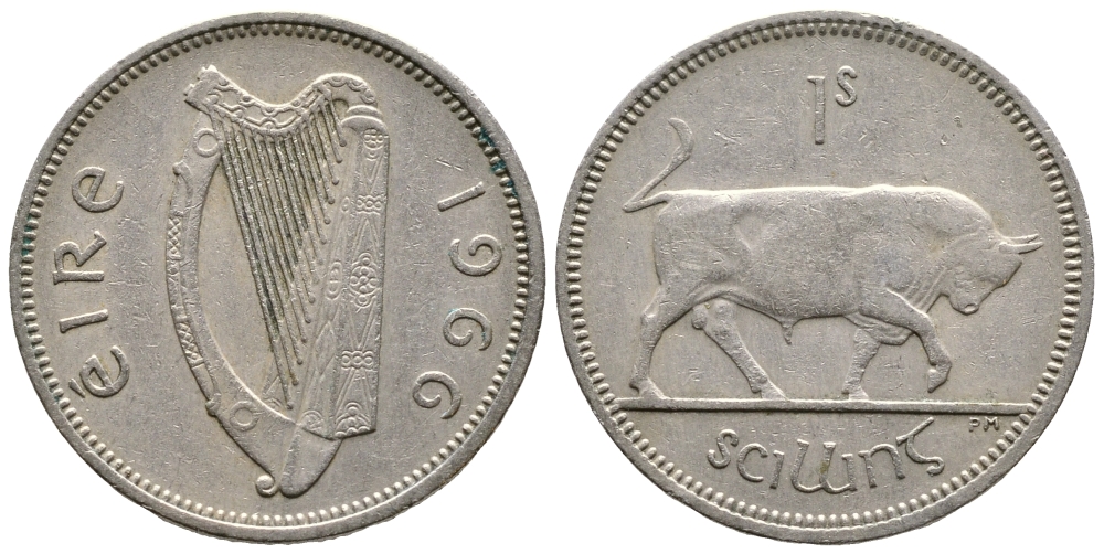 ИРЛАНДИЯ 1 ШИЛЛИНГ 1966 БЫК KM 14а медно-никель 4110-1222