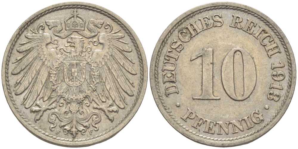 ГЕРМАНИЯ 10 ПФЕННИГОВ 1913 F KM 12, J. 13 медно-никель 33-644
