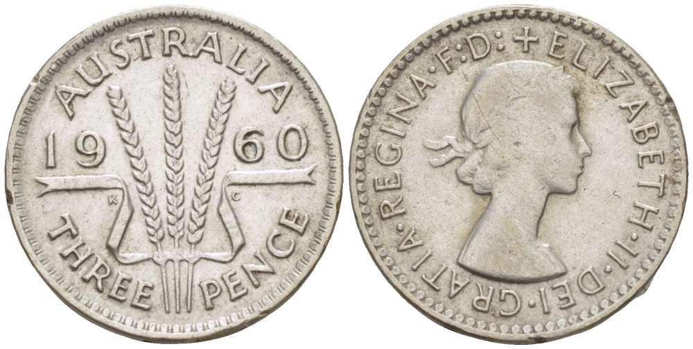 Австралия 3 пенса 1960 m, Елизавета II (1952-2022) KM 57 серебро 4516-616