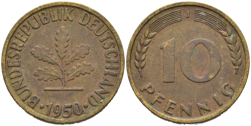 ФРГ 10 ПФЕННИГОВ 1950 J KM 103, J. 378 сталь плакированная латунью 4514-346