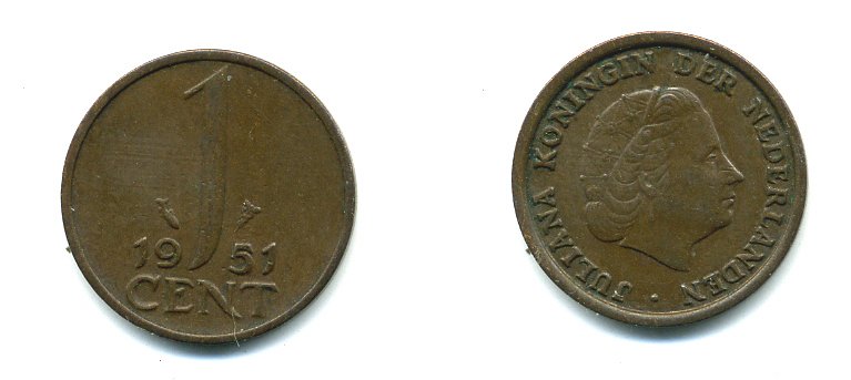 Нидерланды 1 цент 1951 Юлиана (1948-1980) КМ 180 бронза 76-247