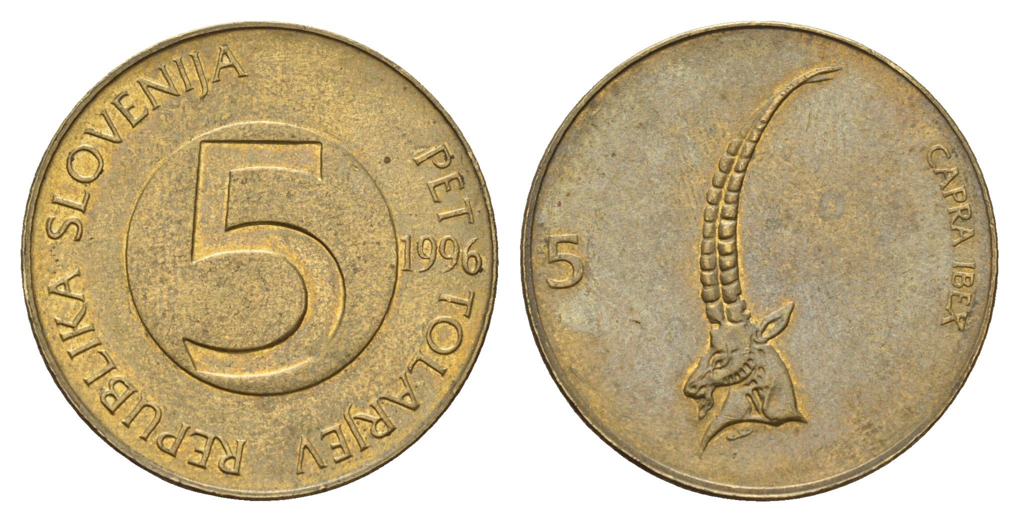 Словения 5 толаров 1996 ибекс, альпийский горный козёл KM 6 латунь 4703-732