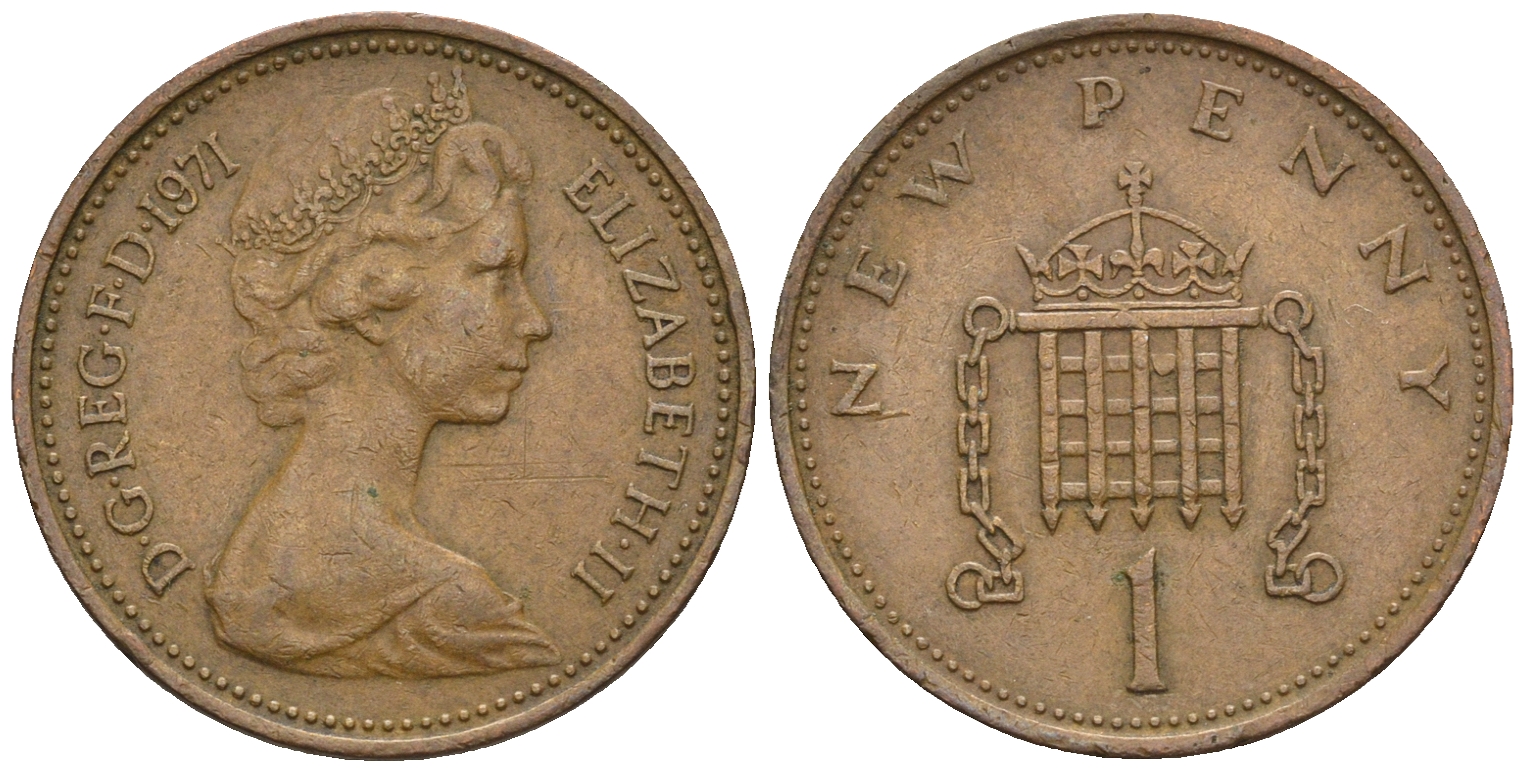 Великобритания 1 пенни 1971 Елизавета II (1952-2022) KM 915, Spink 4237 (B1) бронза 4609-466