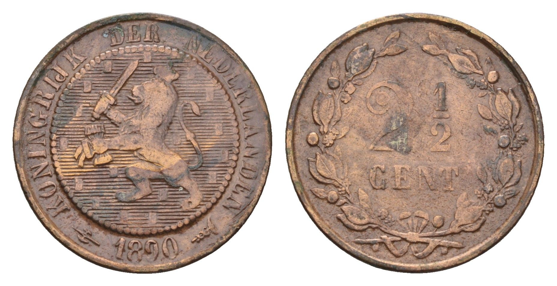 Нидерланды 2 1/2 цента 1890 Виллем III (1849-1890) KM 108 бронза 3996-651