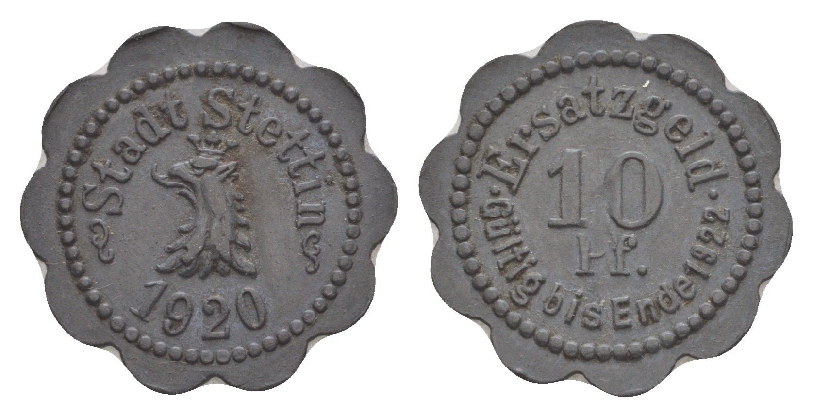 Щецин 10 пфеннигов 1920 Funck 522.5, Men18 30217.5 цинк 4636-918