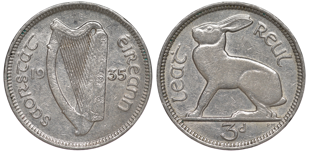 ИРЛАНДИЯ 3 ПЕНСА 1935 ЗАЯЦ KM 4 никель 3334-1051