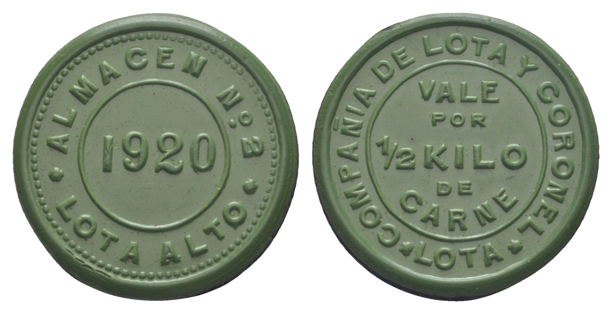 Чили, компании Лота и Коронель (Compania de Lota y Coronel) - Склад № 2 жетон в 1/2 килограмма мяса 1920 диаметр 30 мм, вес 4,5 гр не описан в Espinosa эбонит (зеленый) 1066-1-63