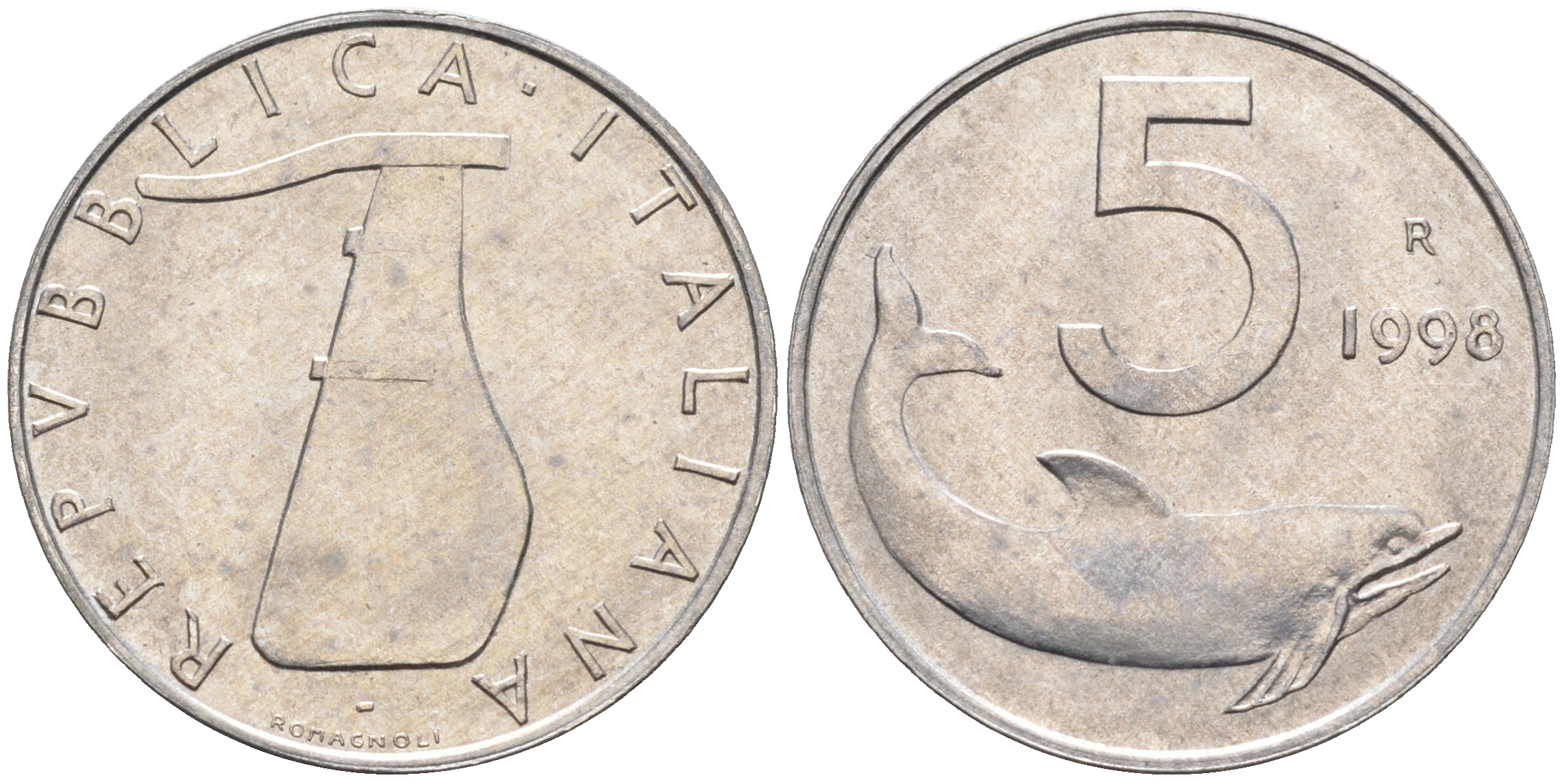 Италия 5 лир 1998 R, дельфин KM 92 алюминий  UNC  4594-928