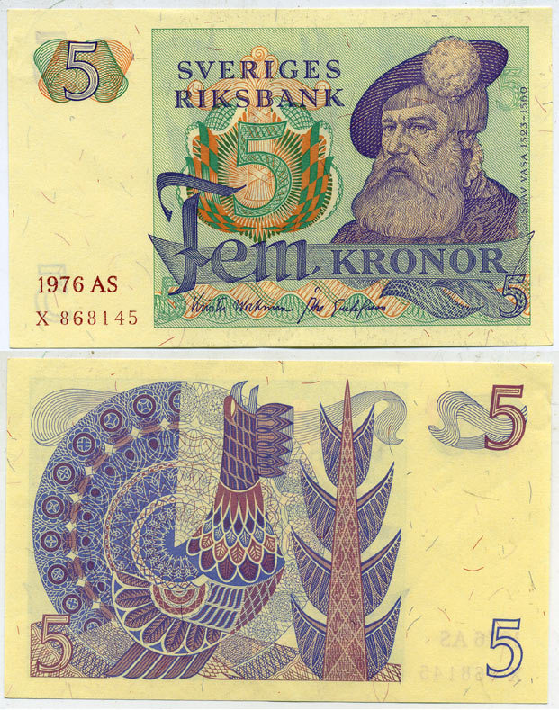 ШВЕЦИЯ 5 КРОН 1976 AS, Густав I Ваза Pick 51c бумага aUNC 00-00