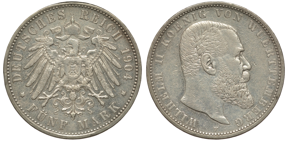 Вюртемберг 5 марок 1904 F, Вильгельм II (1891-1918) Weege 172, J. 176, KM 632 серебро 00-1067-1-54