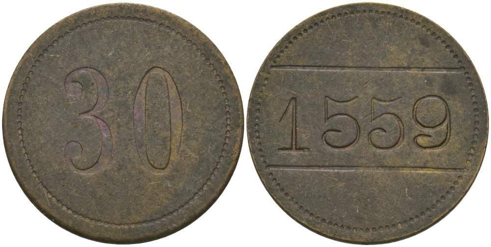 ФРАНЦИЯ 30 САНТИМОВ ND ПЛАТЕЖНЫЙ ЖЕТОН НАЧАЛА XX ВЕКА, НА АВЕРСЕ НОМИНАЛ, НА РЕВЕРСЕ 1559, ЦИФРЫ НОМИНАЛА 9,5 ММ., ДИАМЕТР 22 ММ. медь 65-347