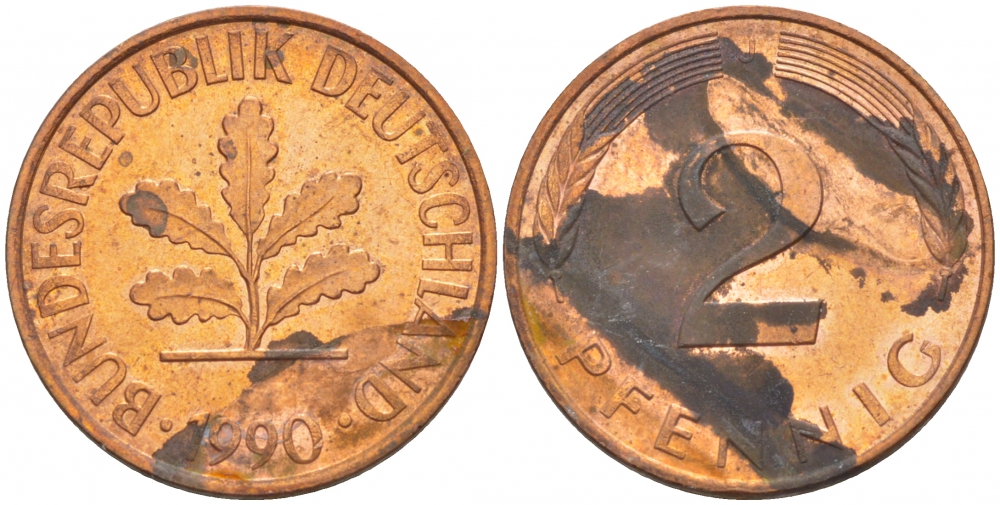 ФРГ 2 ПФЕННИГА 1990 J KM 106a, J.381a сталь плакированная сталь плакированная медьюю 4547-263