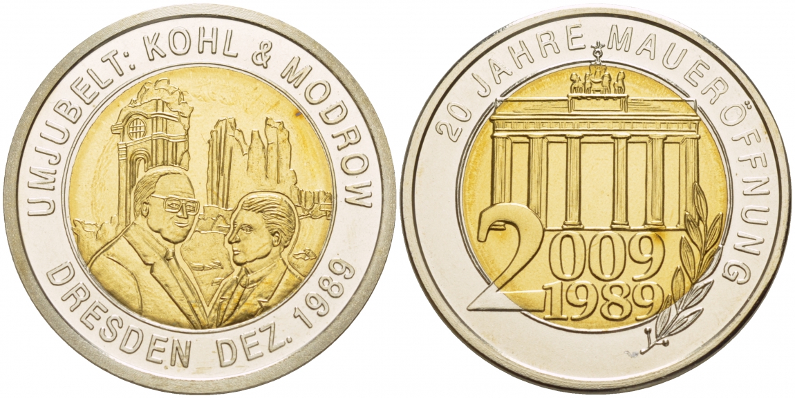 Германия медаль 2009 серия 20 лет объединения Германии, встреча Гельмута Коля и Ганса Модроу в Дрездене 1989 год, Бранденбургские ворота, сертификат  биметалл  UNC  1094-6-31