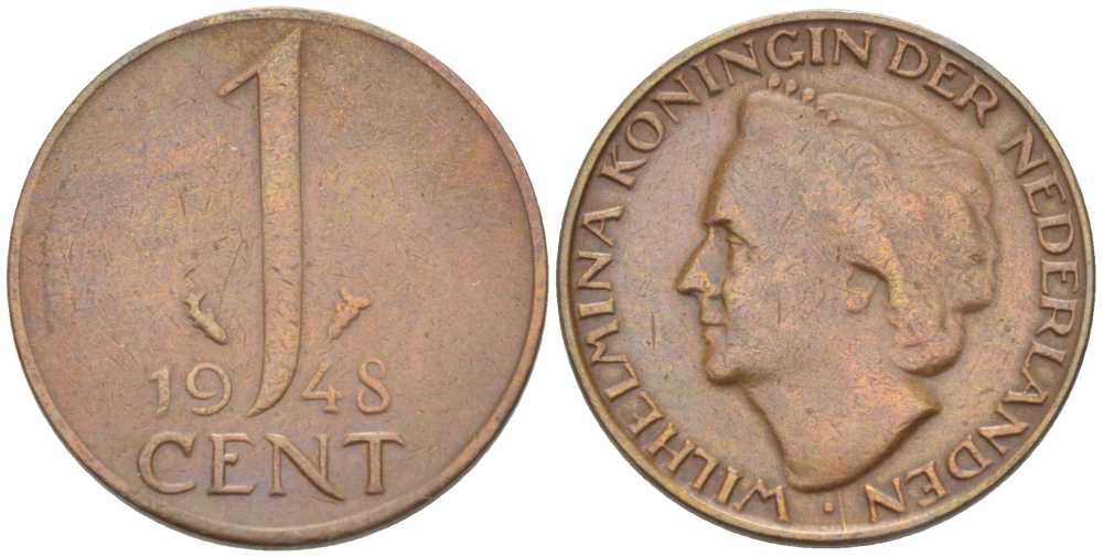 Нидерланды 1 цент 1948 Вильгельмина (1890-1948), год тип KM 175 бронза 211-715