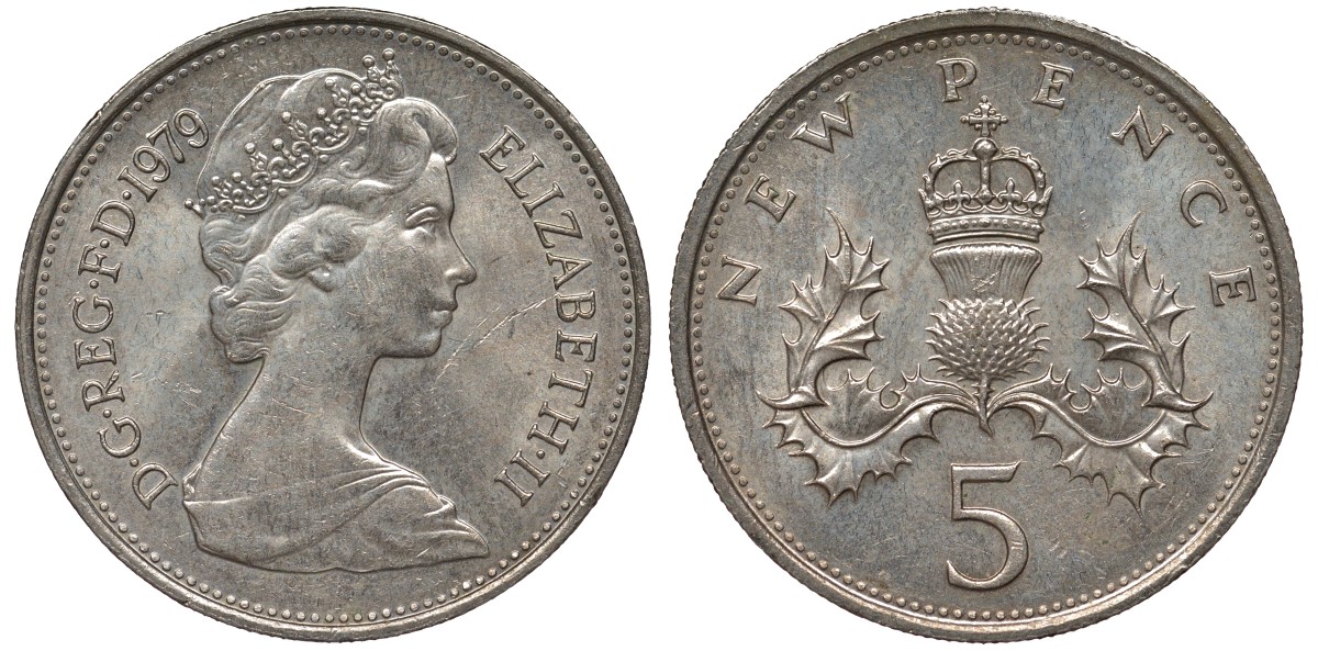 Великобритания 5 пенсов 1979 Елизавета II (1952-2022) KM 911, Spink 4233 (D1) медно-никель 4122-956
