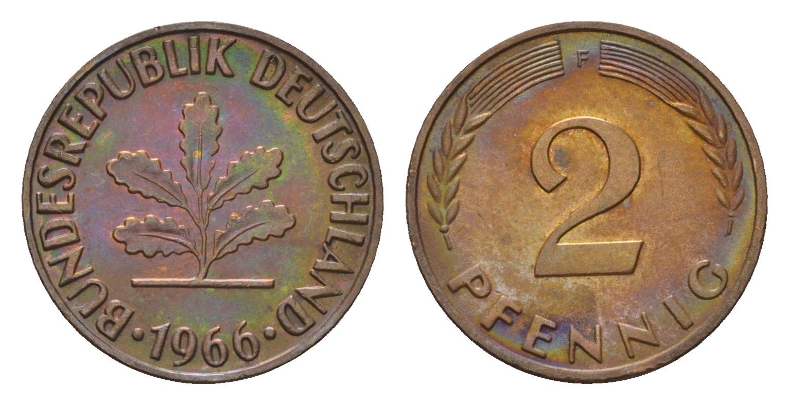 ФРГ 2 пфеннига 1966 F KM 106, J. 381 бронза 4115-325