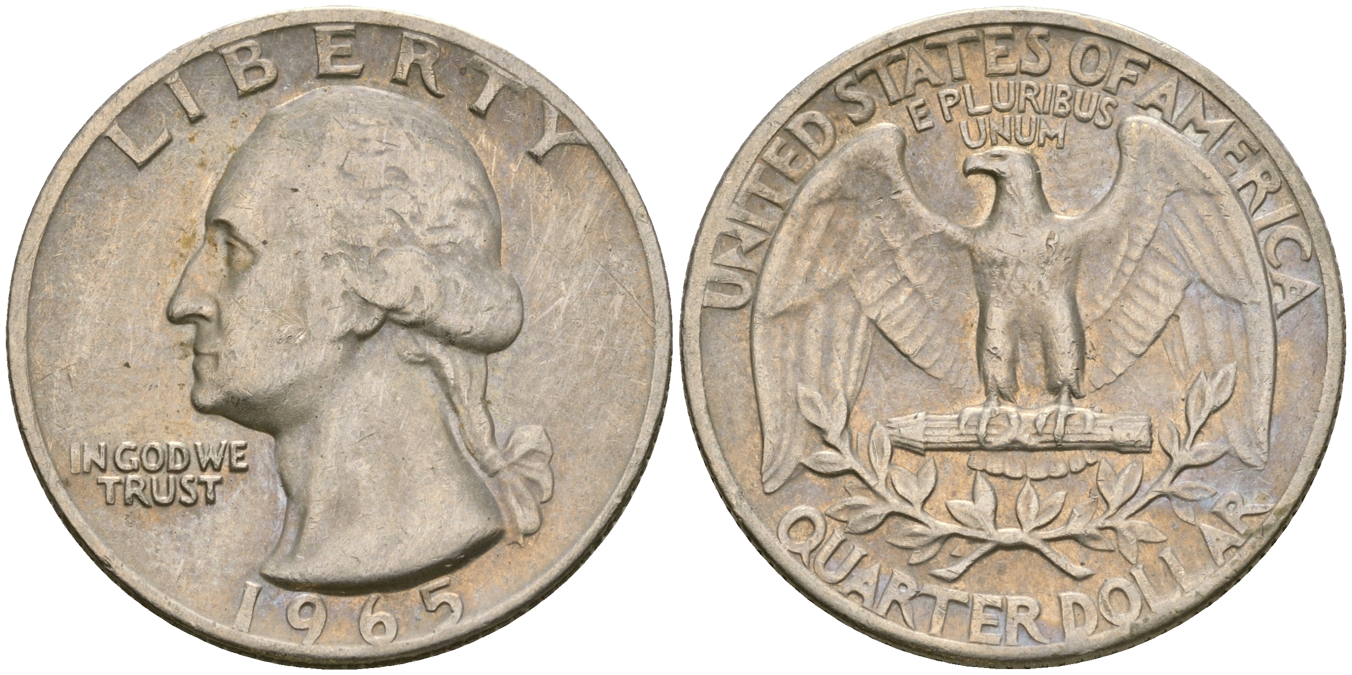 США 25 центов (квотер) 1965 Вашингтон KM 164а медь плакированная медно-никелем    4364-3543