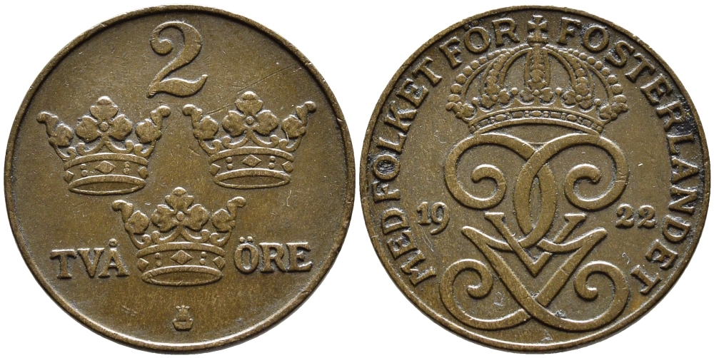 Швеция 2 эре 1922 Густав V (1907-1950) KM 778 бронза 80-552