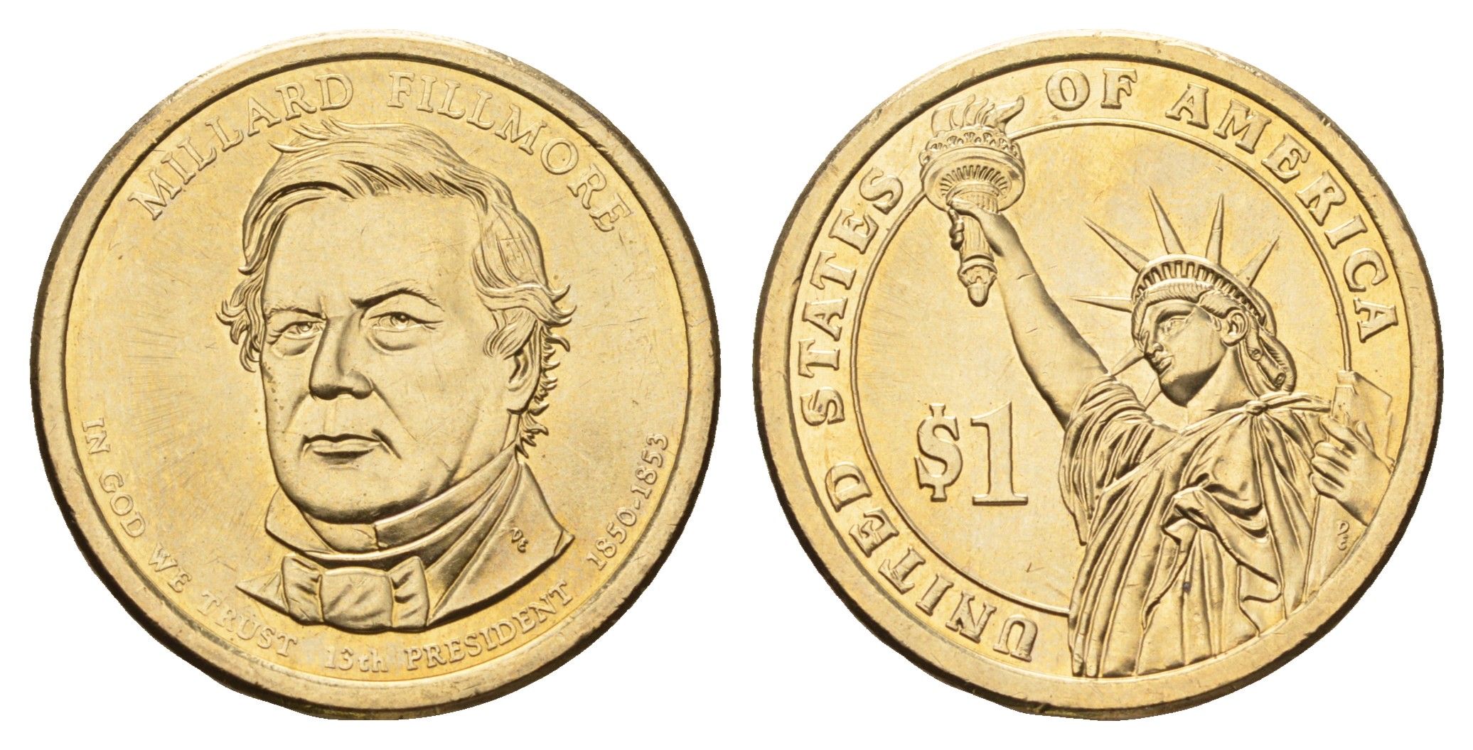 США 1 доллар 2010 D, Президент США - Миллард Филлмор (1850-1853) KM 475 медь с марганцево-латунным покрытием UNC 4624-522
